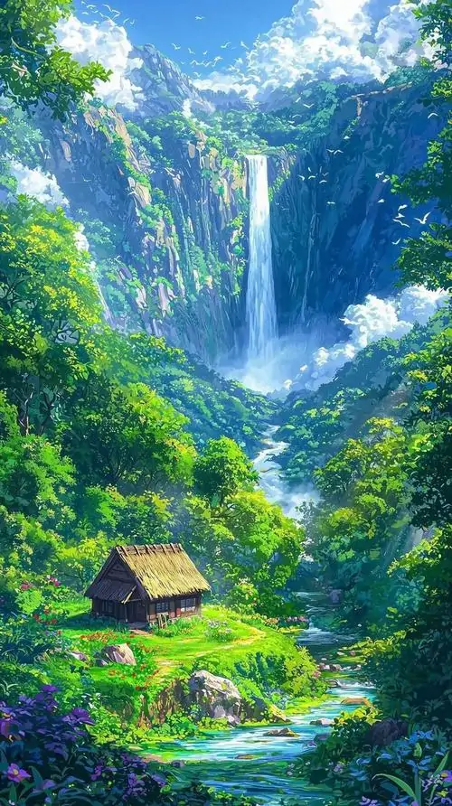 Con suối nhỏ len qua bãi cỏ dưới gốc cây lớn, bầu trời xanh mở rộng phía sau khiến ảnh nền phong cảnh siêu nét này vừa mát mắt vừa rất dễ nhìn lâu