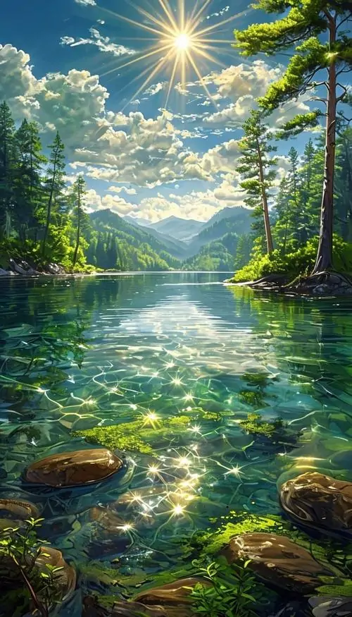 Mặt nước trong veo lấp lánh dưới nắng xuyên qua hàng cây, vài tảng đá nằm sát bờ giúp ảnh nền tự nhiên độ phân giải lớn này giữ được vẻ mộc và rất êm mắt