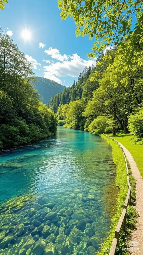 Ảnh nền thác nước trắng đổ giữa vách đá phủ kín cây xanh, căn chòi nhỏ nép dưới chân thác làm toàn cảnh trông như một góc rừng mưa Ultra HD