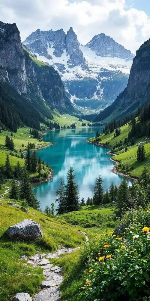 Hình nền điện thoại con đường nước nhỏ cắt qua đồng cỏ xanh, nền sau là núi cao phủ tuyết và trời quang khiến bố cục dọc này trông vừa ngầu vừa thoáng