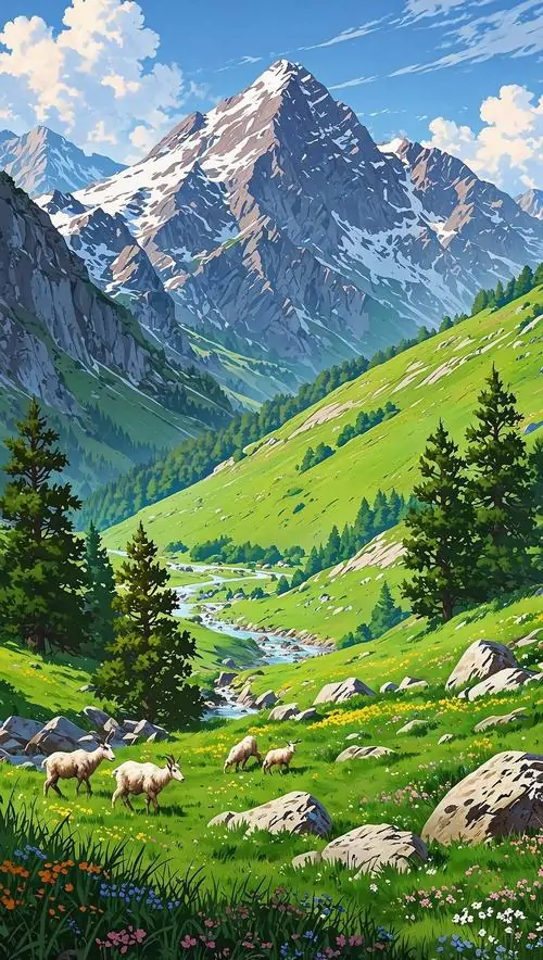 Thung lũng mở ra với dòng suối sáng bạc chảy giữa hai sườn cỏ, mây trắng tụ dày trên đỉnh núi làm hình nền cảnh vật chất lượng cao thêm phần sống động