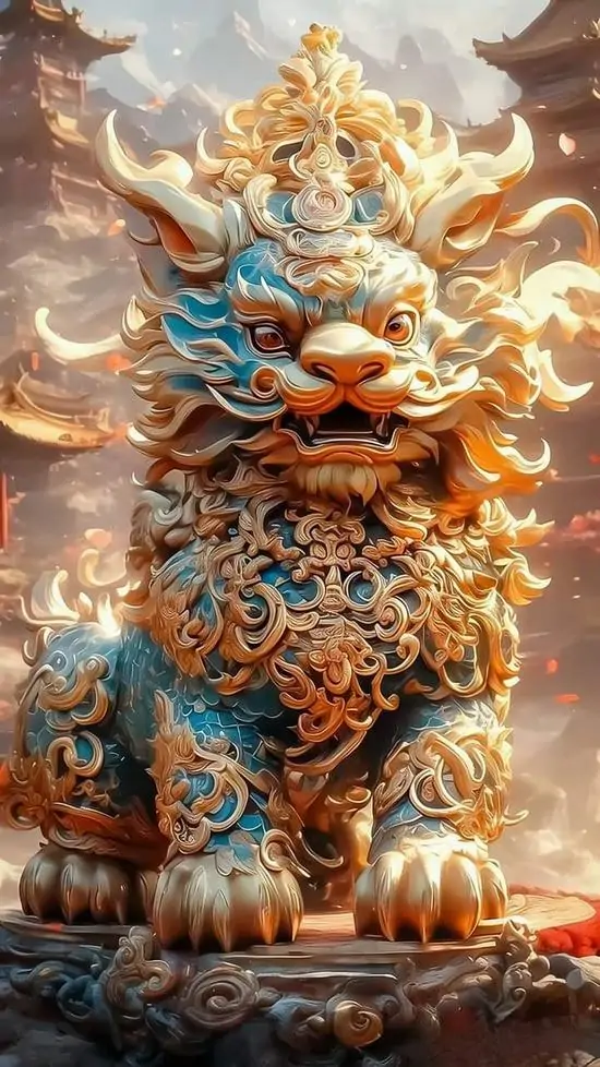 Mẫu tỳ hưu thủy mặc hiện ra với thân trắng pha xám, bờm dài bay nhẹ và móng đặt trên mỏm đá, khung ảnh tĩnh mà vẫn gợi vận khí hiền hòa