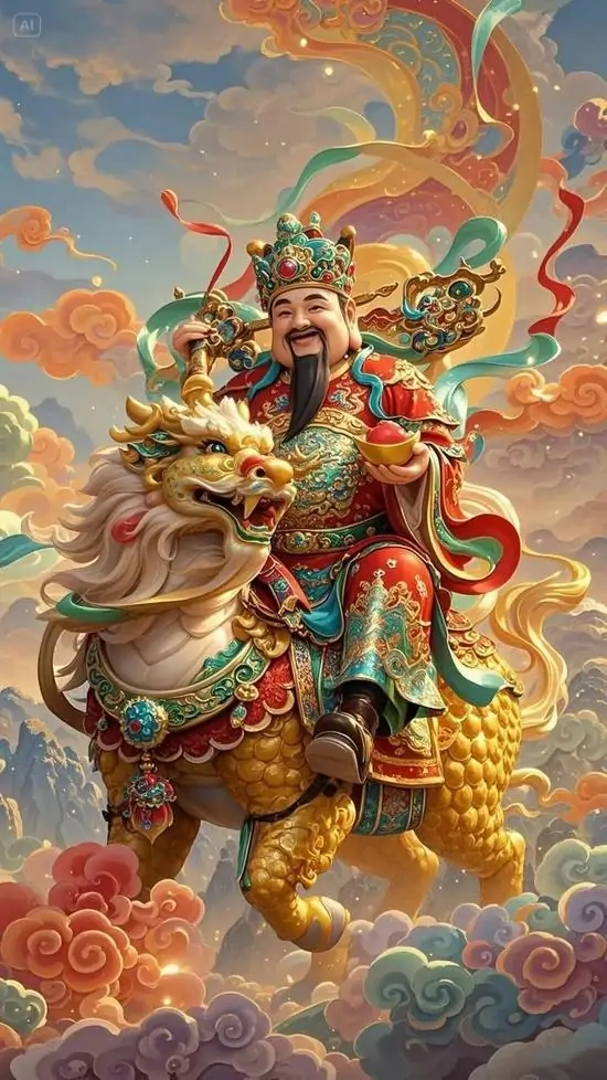 Tỳ hưu vàng nhạt đứng bên suối và cây tùng, dáng ngẩng cao đầu với cánh cụp vừa phải, bức ảnh nền thiên lộc tạo cảm giác thư thả và bình an hơn