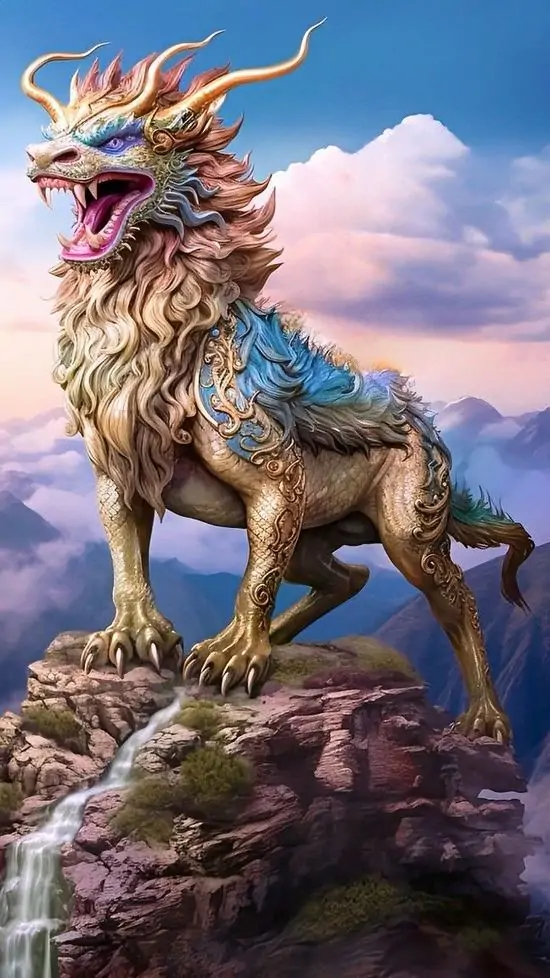 Wallpaper tỳ hưu màu tím than đứng giữa khung đền cổ, hai cánh mở rộng và móng bám nền gạch, chất ảnh Ultra HD làm chi tiết nổi bật mà không bị rối mắt