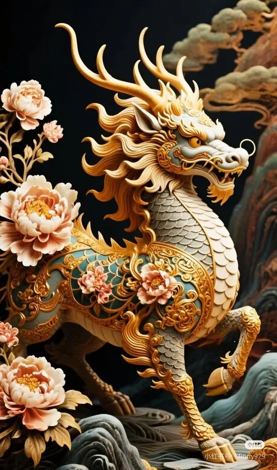 Con tỳ hưu mạ vàng nhìn chếch lên trên, bụng tròn và sống lưng uốn mềm dưới nền nâu đỏ, toàn khung gợi cảm giác tụ tài và thịnh vượng khá rõ