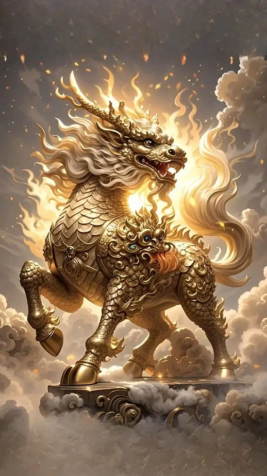 Tỳ hưu vàng đồng đứng giữa nền hoa sen nở, ngực nở và miệng ngậm thỏi vàng lớn, bức hình tỳ hưu phong thủy này nhìn vào thấy ấm và khá dễ chịu