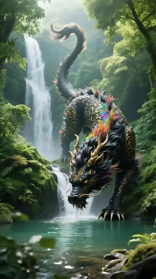 Ảnh nền may mắn tỳ hưu vàng sáng đứng trên bậc đá cạnh đồng xu rải đều, thân hơi nghiêng và đuôi vút lên, hình nhìn đẹp gọn và gợi ý niệm vượng khí