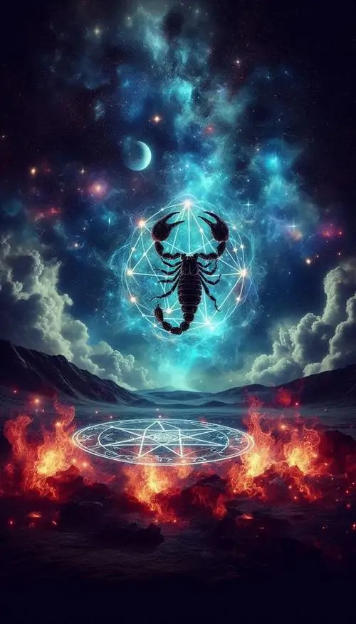 Một mảng tường xi măng được phun sơn theo kiểu stencil tạo dáng bọ cạp đang lao về phía trước, cạnh hình có thêm dấu Pluto nhỏ khiến ý niệm sao Diêm Vương xuất hiện rất nhẹ