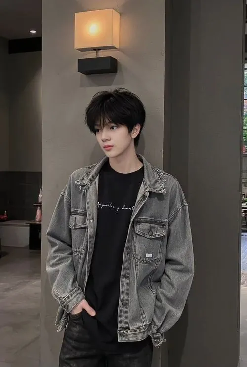 Chàng trai tóc đen đứng cạnh lối vào, khoác áo denim xám trên đồ tối màu, tư thế thả lỏng và ánh nhìn bình thản.