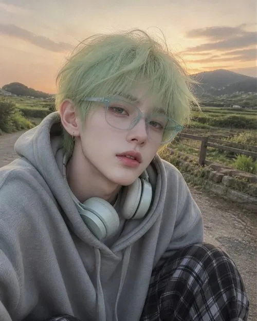Ảnh hot boy Douyin tóc xanh bạc đeo kính, quàng tai nghe trên áo nỉ xám, ngồi ngoài trời với ánh nhìn trầm.