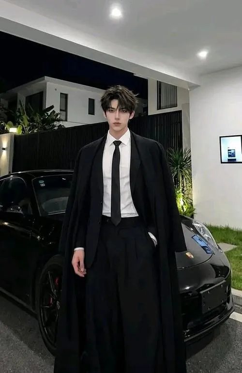 Chàng trai vest đen đứng trước xe sang ngoài cổng nhà, cà vạt thẳng và sơ mi trắng làm tổng thể gọn gàng.