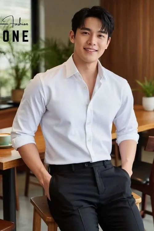 Chàng trai mặc sơ mi trắng đứng trong xưởng gốm, tay dính chút bụi đất, chất vải cotton tương phản với kệ men thô.