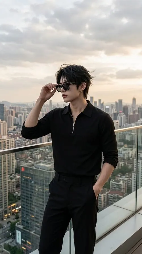 Giữa sân thượng nhìn ra thành phố, chàng trai áo đen nâng kính râm bằng một tay, dáng đứng thẳng gợi phong cách tổng tài hiện đại.