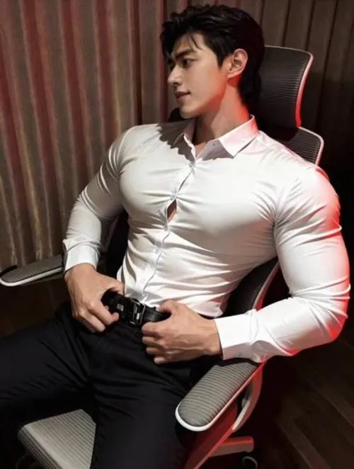 Sơ mi trắng ôm vóc dáng làm nổi bật bờ vai rộng, ánh đỏ phía sau và tư thế chỉnh trang tạo nét nam tính rõ rệt.