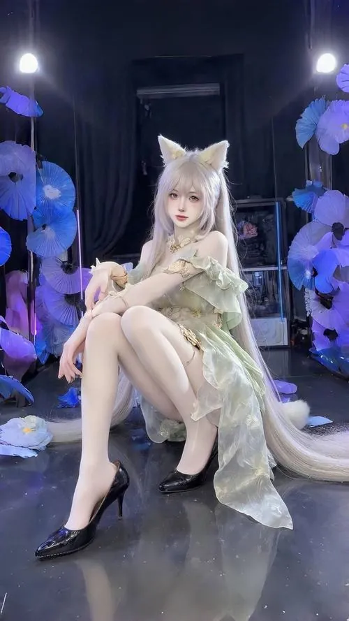 Hình hot girl giả mèo dễ thương ngồi giữa bối cảnh hoa xanh tím, váy sáng màu và dáng ngồi mềm mại.