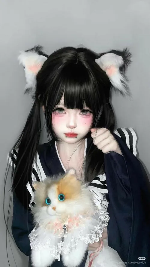 Cô nàng tóc đen đeo tai mèo trắng, tay ôm thú bông nhỏ và nhìn máy ảnh bằng vẻ ngây thơ.
