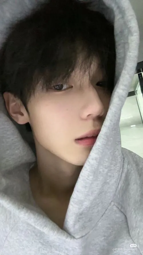 Nam sinh mặc hoodie xám nhìn gần vào máy ảnh, gương mặt thanh tú và ánh sáng dịu làm bức ảnh có nét ấm áp.