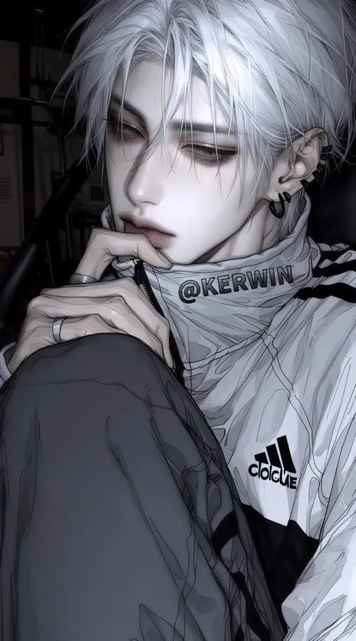 Chàng trai anime tóc bạc nghiêng mặt trong tông đen trắng, áo khoác cao cổ che vai và bàn tay đặt nhẹ gần môi.