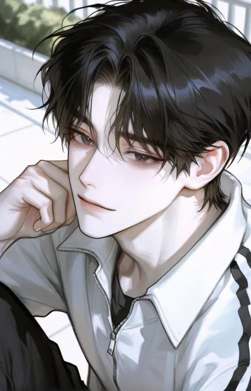 Ảnh husbando tóc nâu mặc sơ mi trắng, góc nghiêng gần mặt làm rõ ánh mắt dịu và sống mũi thanh.