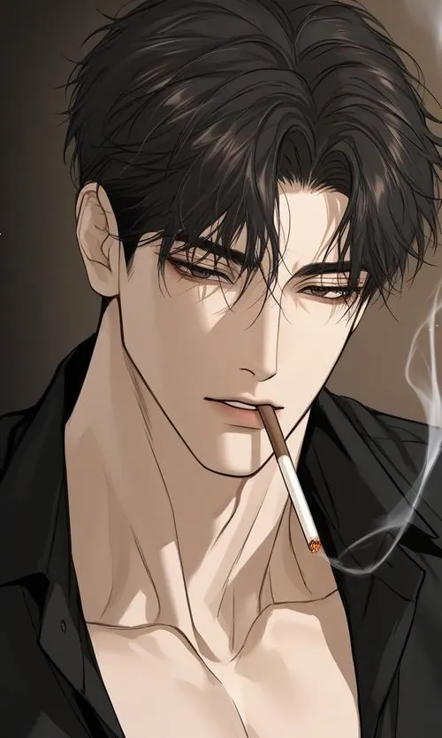 Hình vẽ trai đẹp anime tóc đen mặc vest hở cổ, điếu thuốc đặt giữa môi và ánh mắt nhìn thẳng khá sắc.