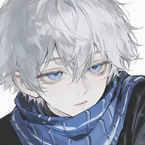 Ảnh mỹ nam anime tóc trắng mắt xanh, khăn cổ xanh đậm ôm quanh cổ và bảng màu lạnh làm gương mặt nổi bật.