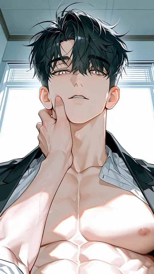 Hình nền nam anime tóc đen cắt ngắn ngửa cổ nhìn lên, áo sơ mi hở nhẹ làm nổi rõ đường cổ thanh mảnh.